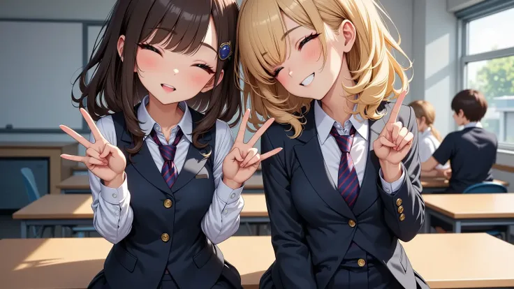 Two high school students, classroom,    happy   , v sign,    school uniform 