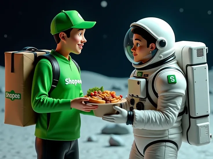 Close-up and medium shots of a Shopee Food delivery person handing food to an astronaut