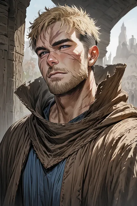 man ,blond, friendly, light beard, DND clothes, cloak, Loose good clothes, Leather Armor, black brown and blue colors ,big scar , ( masterpiece), ( best quality), ( ultra detailed )