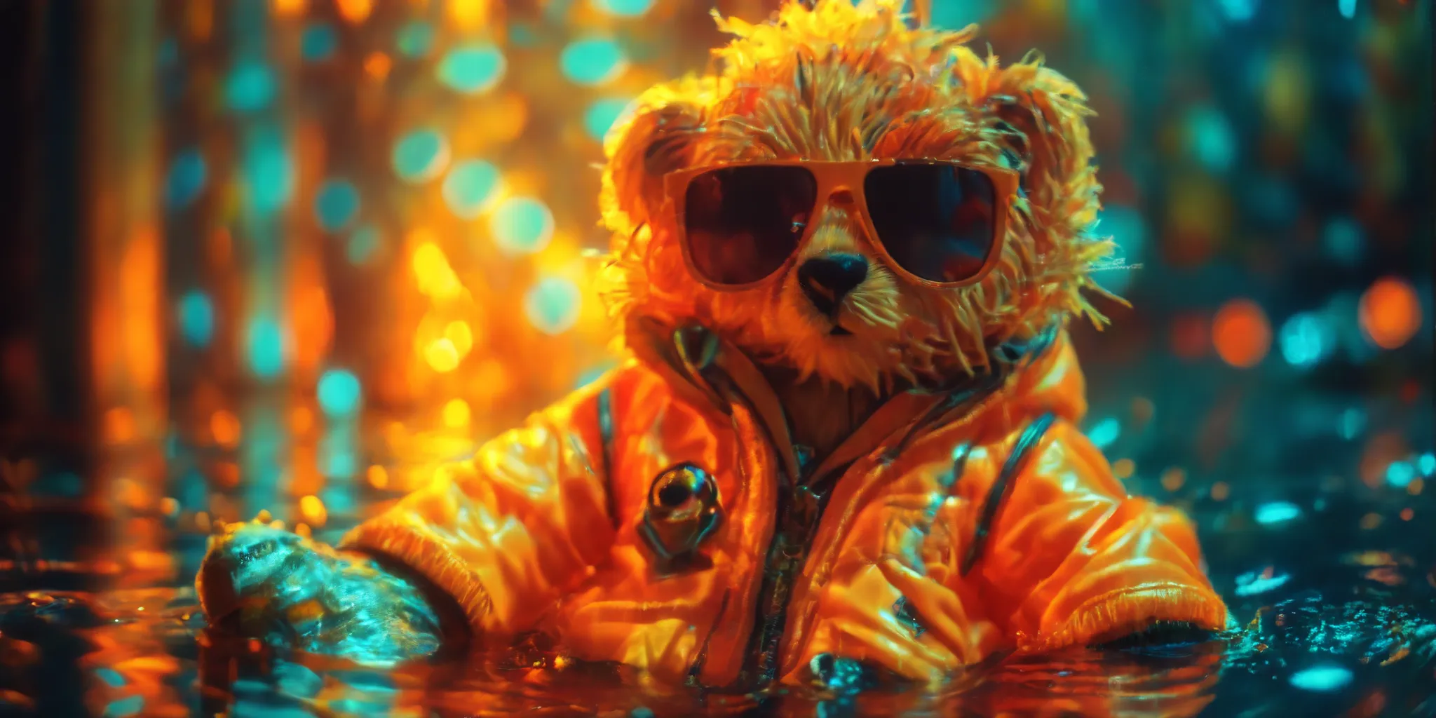 a teddy bear with sunglasses and a bright orange jacket, sitting in water, (teddy bear with sunglasses, character wearing shiny ...