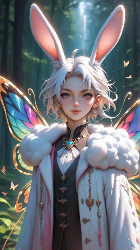 a mystical creature positioned in the center of the frame, directly facing the viewer, the creature, resembling a rabbit, has large, ornate butterfly wings with intricate designs and a fluffy white mane, its eyes are a striking blue, and its wearing a colo...