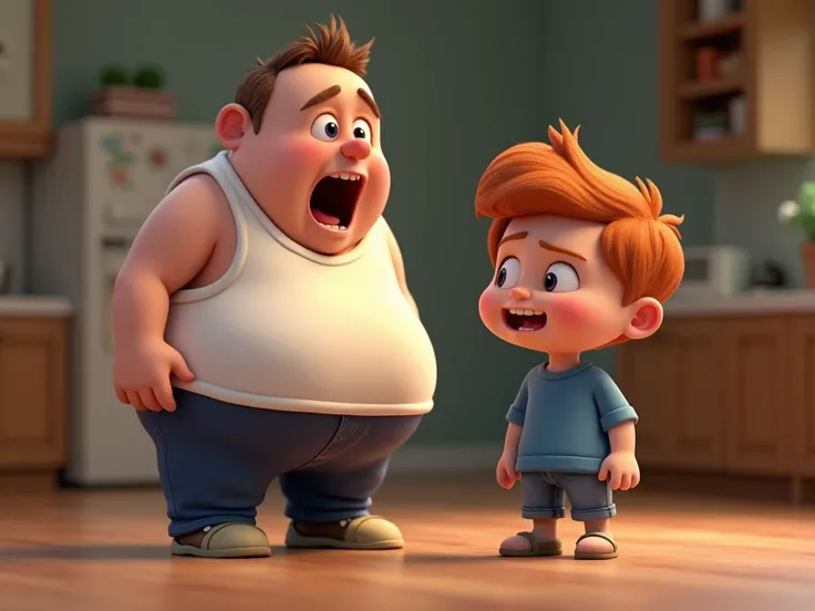  A very tall and thin man ,  in a white vest , is standing, Laughing a lot ,  your son ,  boy, very fat, red-haired,  in a blue short-sleeved sweater,  and denim shorts ,  and is very angry .  3D style disney