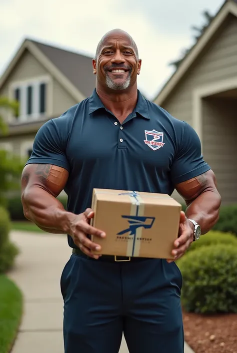 Dwayne Johnson delivering an order online and wearing a delivery uniform that says Nobe Sac Postal Services 