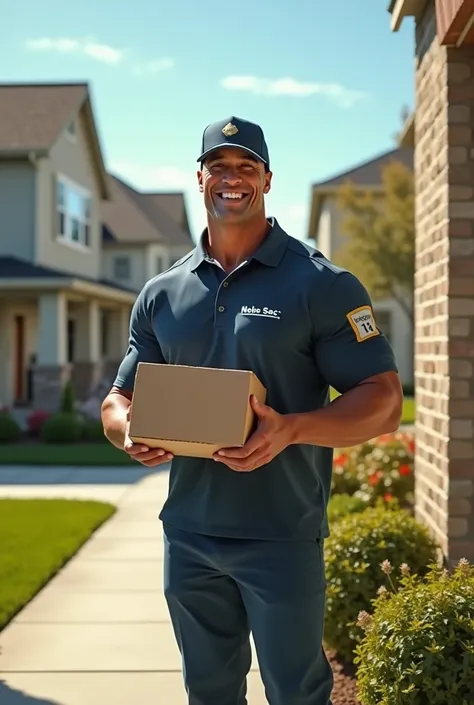 Dwayne Johnson delivering an order online and having a delivery uniform that says Nobe Sac 