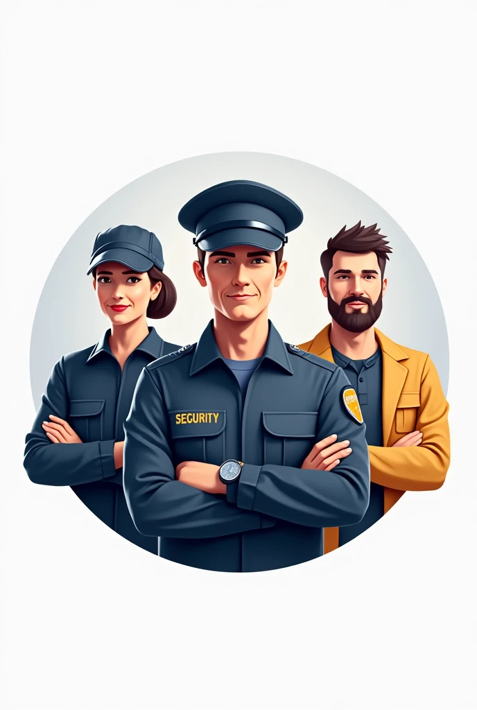 Create a round logo with a security guard, an electrician, a salesman, and add a security script to the man on the left. 