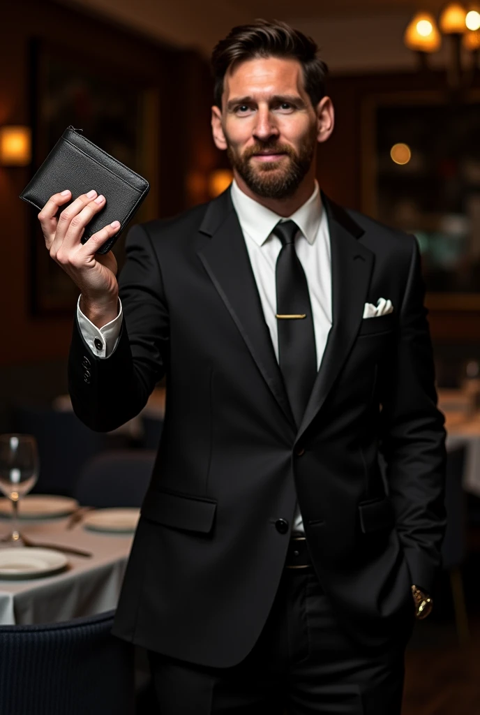 generate a photo of Messi ,  dressed in an elegant black suit ,  standing in front of the camera in the foreground ,  showing a black smart wallet , with his arm raised showing his wallet,  in the background that is in a luxury restaurant with shades of bl...