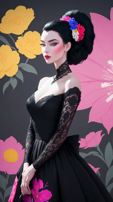 Create an artwork featuring a petty fascinating European woman in a dress, standing gracefully in front of a vibrant display of flowers. The piece should be inspired by the distinctive art style of Patrick Nagel, known for its bold lines and minimalistic a...