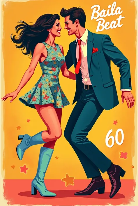  Make a very bright poster written Baila Beat 60, with a couple wearing clothes from the 60s , dancing happily