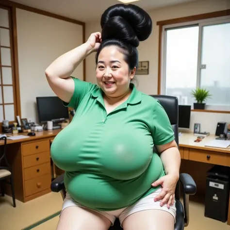 8k,Highest quality, masterpiece, Ultra-high resolution,(masterpiece:1.6, Highest quality), Intricate details, 1 female, Middle-aged woman in her 50s, japanese, full body, Arm up, top of head,((jet Black Hair)) ,((An gigantic hair bun, A huge hair bun:1.５))...