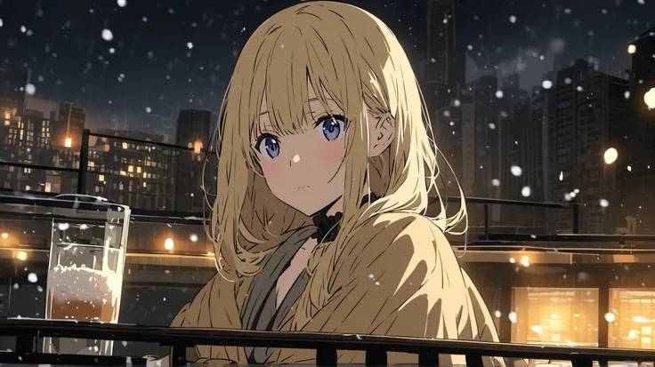 Beautiful blonde girl anxiously waiting for her friends to return while drinking alone on the terrace of a bar with a Western atmosphere in the anime、The background is a girl waiting for her friends to return while drinking on the terrace of a bar with a v...