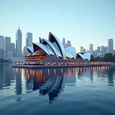 City Reflected on Water, octane rendering ，The surface of the water is a reflection of the Sydney Opera House，Best light and shadow 