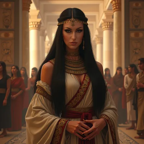 Woman with long straight black hair with a hairstyle from the Mesopotamian period, Size: 165cm, Weight: 58kg,  her face is a bit plump, she doesn&#39;t smile, She is standing in a large palace from the Mesopotamian period at a festive event, she is wearing...