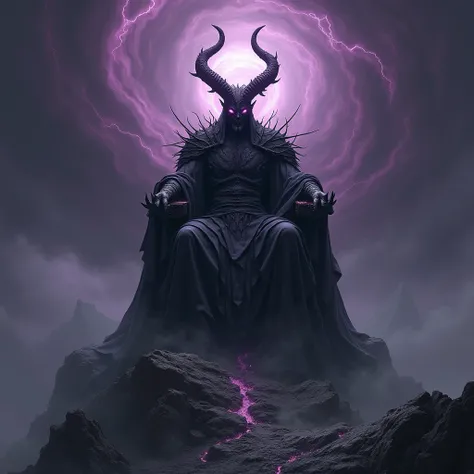 arafed image of a man with horns on a mountain with a purple sky, the dark lord sauron, dark soul concept, dagoth ur, the dark lord, nazgul mandelbulb, dark souls art style, just art for dark metal music, dark lord, demon lord, lord from hell on the throne...