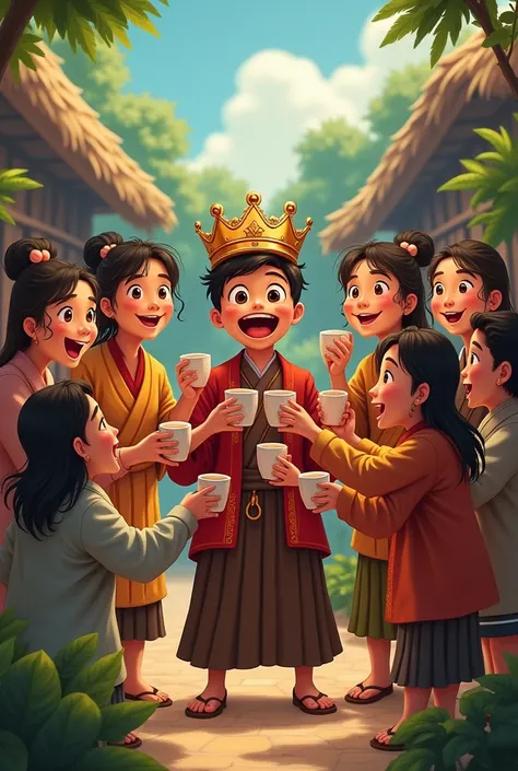 Scene 10: A celebratory group shot of villagers holding their tea cups and jokingly crowning Hariya as the "king of drama."

