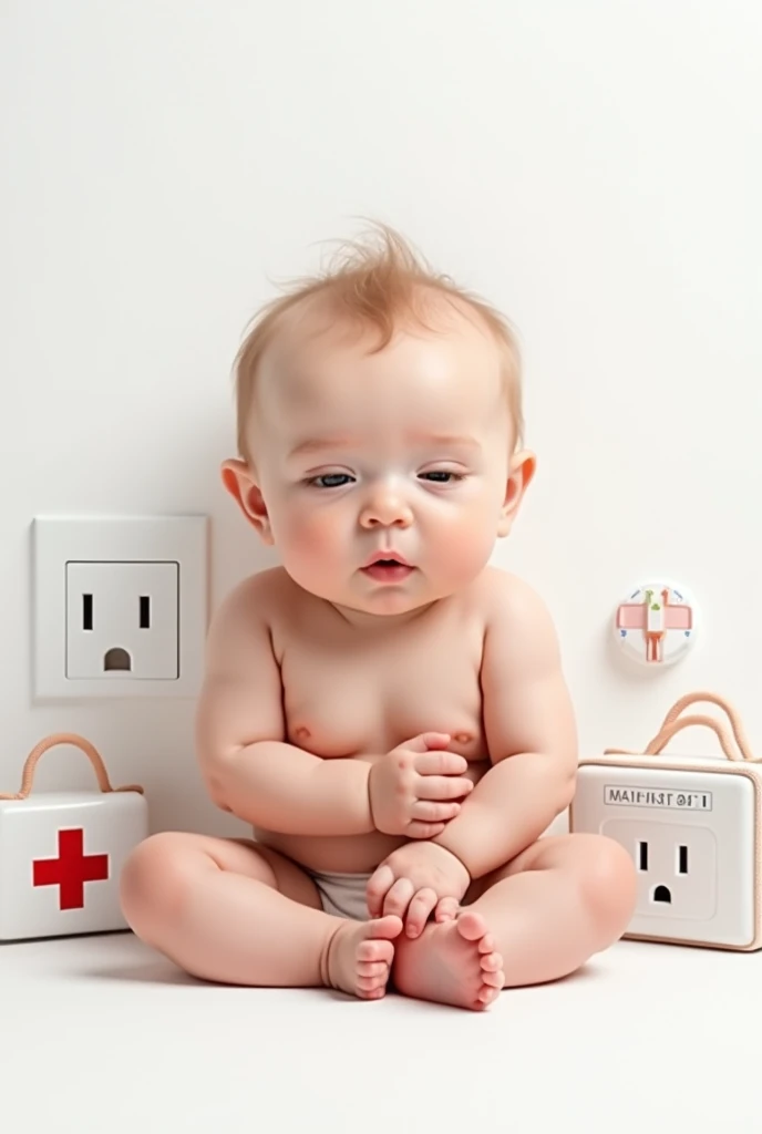 Create a realistic photo of a beautiful full-bodied baby by placing your finger on the wall socket and next to some first-aid cases (the image must have a white background).,