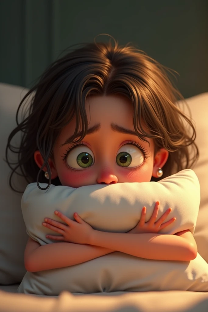 Create a pixar image of a girl with sad green eyes and loose brown hair holding a pillow that covers her mouth with both hands