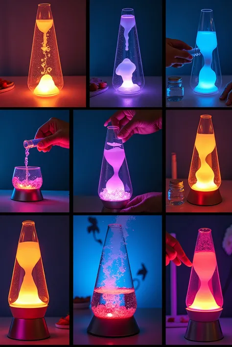 I need to create several images explaining the procedure for creating a lava lamp in each image step by step