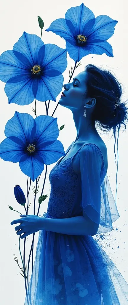 (masterpiece,Superior Quality,Mirror-like,Cinematic Experience,Very detailed),8k,wallpaper,(Illustration of transience and beauty with blue morning glory flowers and a woman:2.0),(Blue-themed illustrations:2.0),(Rorschach test style:2.0),(Vector art:2.0),(...