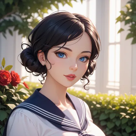 top-quality、Top image quality、​masterpiece、girl with((cute little、18year old、Best Bust、Medium bust、Bust 85,Beautiful blue eyes、Breasts wide open, black hair、A slender、 curly hairs, beautiful eyes, beautiful breasts, Beautiful sailor suit、falda corta,dash)）...