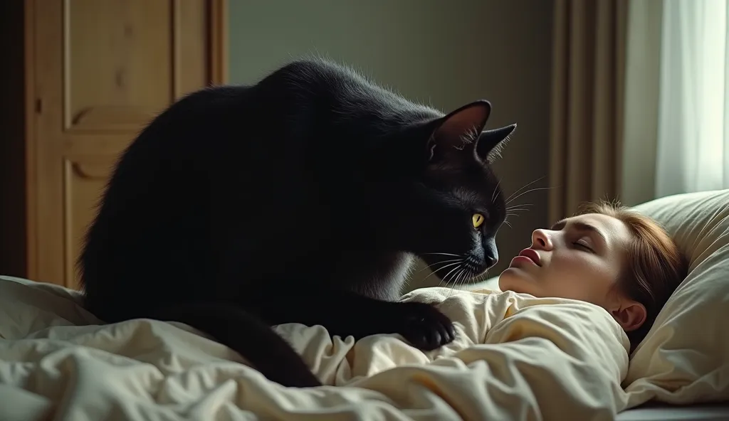 (Realistic,photoRealistic,photo-Realistic:1.37), 寝室のドアを開けると飼い主の寝ている上でスフィンクス座りしているblack cat ((Cait Sith))、 人の身長と同じ位の体長を有するblack cat ((Cait Sith))、 The owner's woman sleeping on the bed 、 cat on a comforter raised by a woman's body 、The woman's face looks distressed 、Women can only see their faces  、飼い猫のblack cat  が人間のように振る舞うユーモラスな世界観、 black cat 