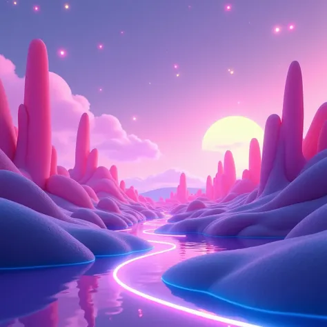 "An abstract, colorful landscape with floating shapes and neon lights, evoking a sense of surrealism and magic. Vibrant hues of purple, pink, and blue blending seamlessly. Soft glowing elements in the sky, creating a dreamlike atmosphere. Minimalistic, fut...