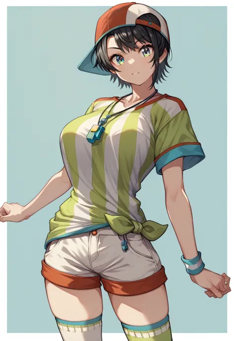 aasubaru, short hair, black hair, backwards hat, multicolored eyes, breasts, whistle around neck, vertical-striped shirt, tied s...