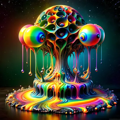 A dream of optical illusions and vibrant colors shimmering, glass morphing from everything, everything reflects and shines,intricate rainbow patterns, perfectly formed symmetrical spheres and glowing reflective bubbles, attention to detail on the bubbles a...