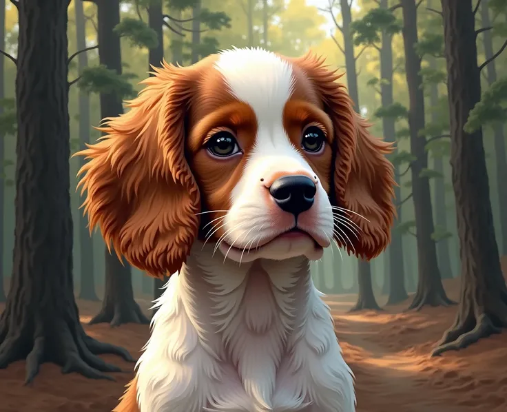 cute spaniel puppy,portrait,monochrome,painting,oil,
paint, smoky, colorful, textural, photogenic, detailed. 
animation on the background of a pine forest