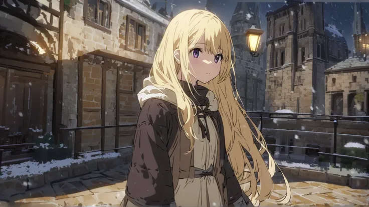 A beautiful blonde girl anxiously waiting for her friends to return while drinking alone on the terrace of a bar with a medieval atmosphere in the anime、The background is a girl waiting for her friends to return while drinking on the terrace of a bar with ...