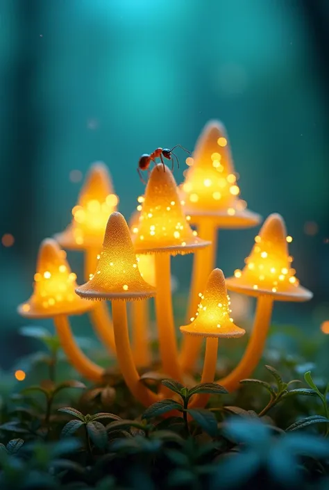 Glowing yellow fungi with pointed caps and thin stems and a lot of bubbles and an ant the cap, teal background 
