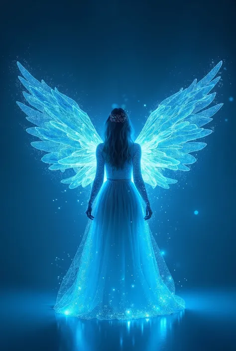  photo, glowing bright blue background shining bright angel girl,blue background, white bright contrast , technical patterns , Dynamic silhouette ,  Virtual devices ,  Light effects and particles , futuristic typography,  dynamic movement ,abstract geometr...