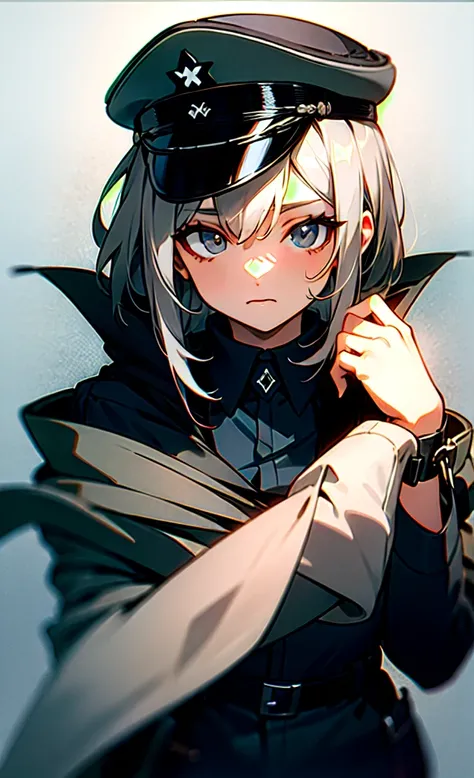 Nazi military cap uniform，Light gray hair，Dark gray eyes，handcuff，shawl，tmasterpiece，Need