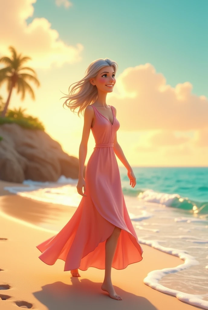 A 50-year-old woman walking in a long Pixar-style dress on the beach as animation