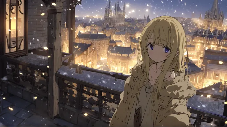 A beautiful blonde girl anxiously waiting for her friends to return while drinking alone on the terrace of a bar with a medieval atmosphere in the anime、The background is a girl waiting for her friends to return while drinking on the terrace of a bar with ...