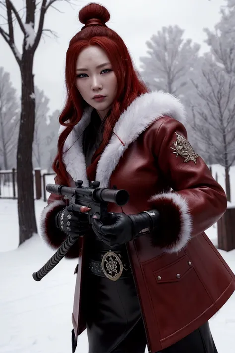 a huntress girl holding a rifle in a snow battle pose, oriental, Blade and Soul, ink style, long red hair, leather and fur coat, cold, (best quality,4k,8k,highres,masterpiece:1.2),ultra-detailed,(realistic,photorealistic,photo-realistic:1.37),detailed port...