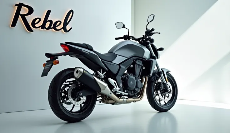 A full attractive hd photo of new 2025 Honda rebel 500 grey shiny color of exterior. A white shiny showroom background logo of  "Honda Rebel" on the wall. A bike with rear back side view of vehicle.