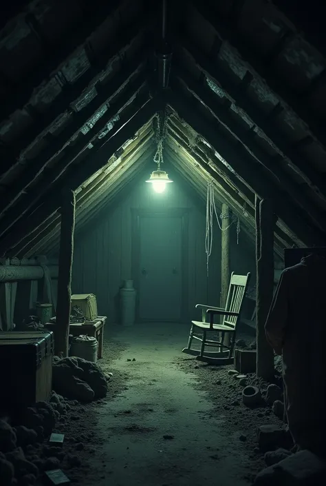 Create an old attic at night. Make it in horror style. Without window, and of the lighting, there is only one lamp on the ceiling 
