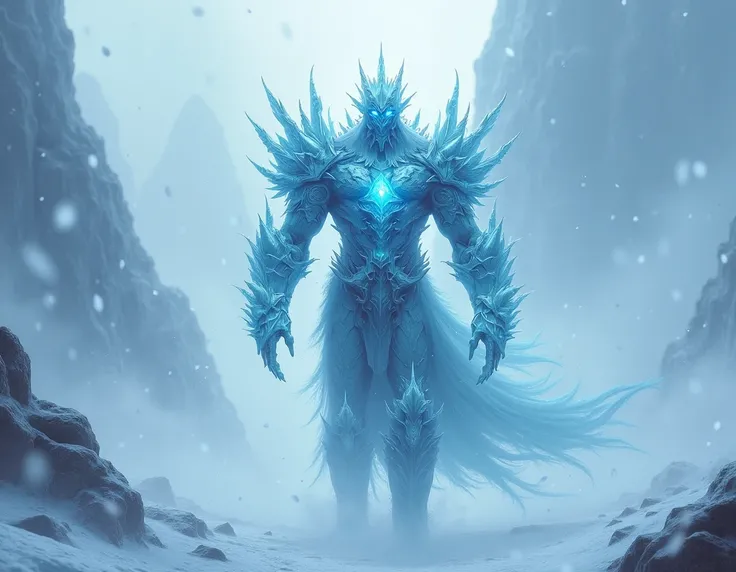 a great snowstorm ,  and from inside it emerges an ice warrior known as The Bringer of the End