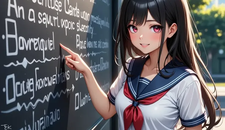  Cheerful female student   ,    sailor suit,    pointing at the blackboard   , (((  posing in front of a blackboard   ,   background:"JK style FLUX  "))),    soft focus   , (   High Quality  ,4K,8k,  high definition  , masterpiece :1.2), super detailed, ( ...