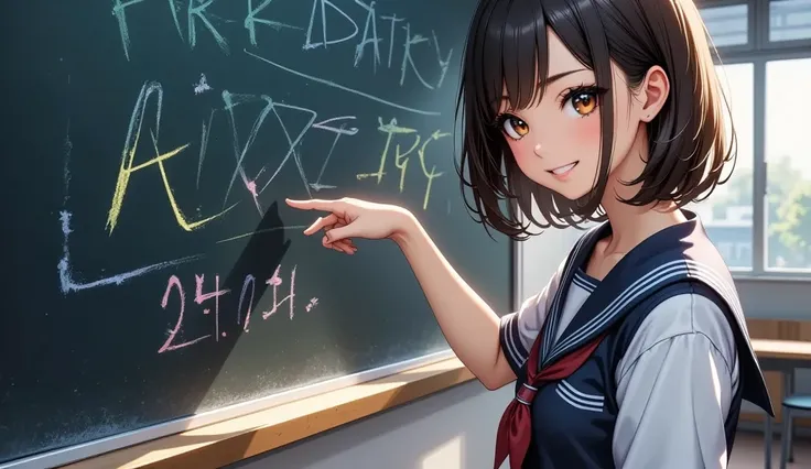  Cheerful female student   ,    sailor suit,    pointing at the blackboard   , (((  posing in front of a blackboard   ,   background:"JK style FLUX  "))),    soft focus   , (   High Quality  ,4K,8k,  high definition  , masterpiece :1.2), super detailed, ( ...