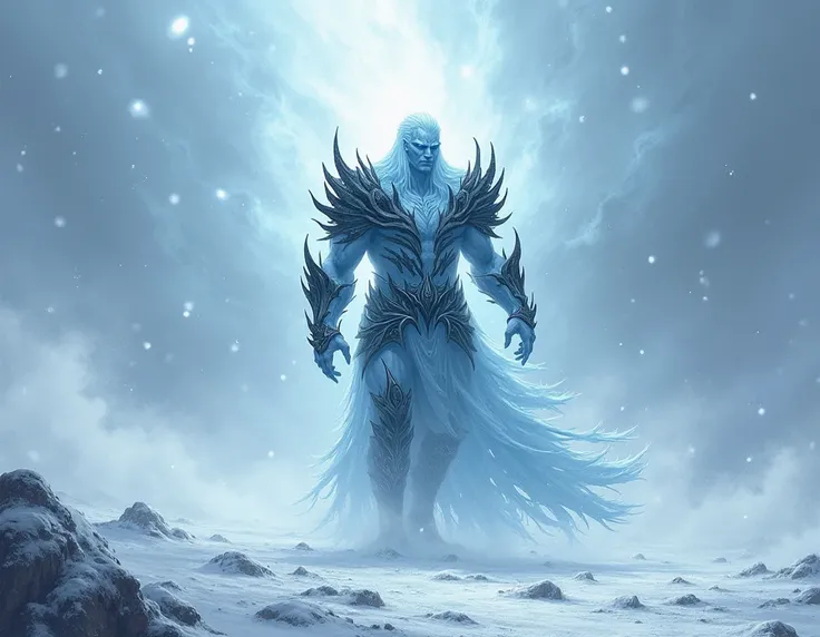 a great snowstorm ,  and from inside it emerges an ice warrior known as The Bringer of the End, He has some black details for his armor