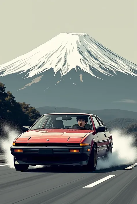 A picture of intial d driving a car about takumi hachi roku with fuji mountain in the background a little 90 s years anime graphics no man in the auto should be black white phone background size