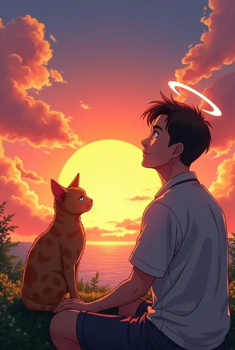 Manga-like image . two characters: a middle-aged man with short brown hair and an orange shorthair tabby cat.  Theyre watching the sunset . The cat has an aureole and the man has no aureole.