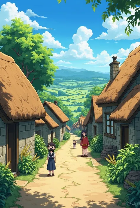 Appearance: Multiple characters, all simple villagers, wearing traditional clothes.  in a way that helps to have anime stories in a village 
 It contains simple houses built of stone and clay, with flat roofs and thick walls. The streets are narrow and win...