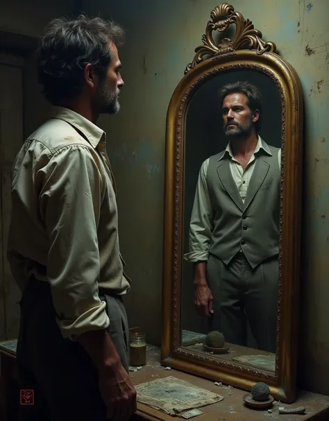 A photo of a disheveled, dirty man wearing torn, shabby clothes. His hair is unkempt, and his appearance reflects poverty and struggle. He is standing in front of a mirror in a dimly lit, humble, and worn-out room. In the mirror’s reflection, he appears as...