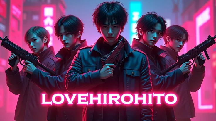 (( best quality)), ((masterpiece)), ( Details),  best quality ,  ultra high resolution, ( photorealistic:1.4), Cyberpunk game poster style , 5 17-year-old men holding sweet potato handguns, The LOVEHIROHITO logo is written in bright neon colors at the bott...