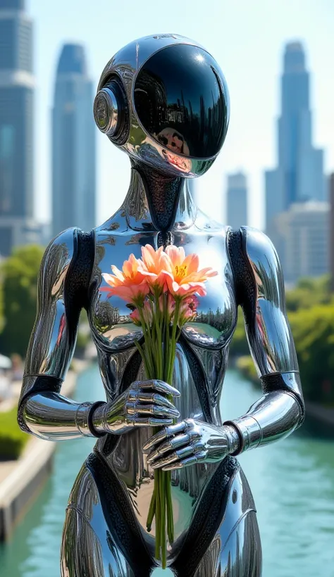 A futuristic woman ai robot with a reflecting body made of mirrors and a pretty face. The woman holds flowers. The surrounding is a bright sci-fi city