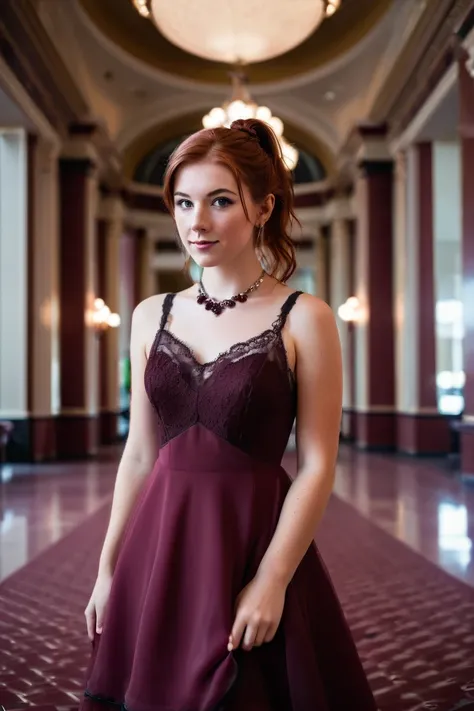 Distant shot. 23 year old Caucasian female with ponytail auburn hair and cute candid expression, wearing a shear burgundy chiffon dress with black lace trim, poses in the opera house lobby. Detailed freckles and eyes. Captivating atmosphere. Youthful innoc...