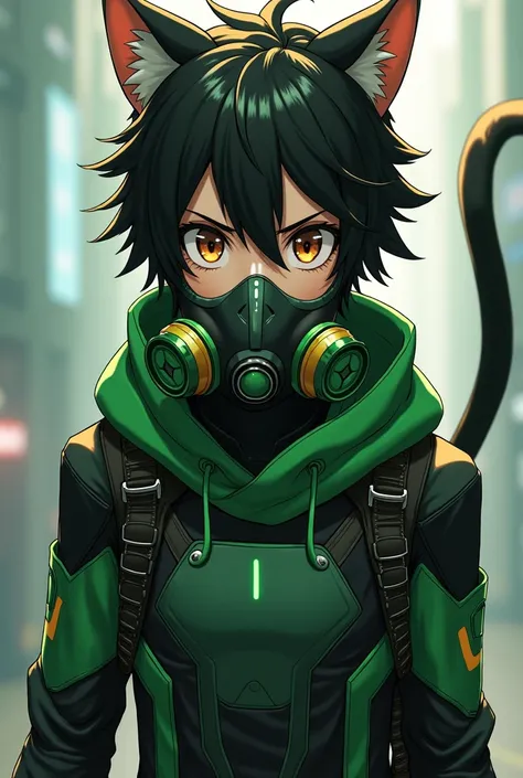 Handsome anime man, young, high,  with cats ears and tail , black hair with green highlights,  bright brown eyes ,  futuristic battle clothing green and black,  green and black gas mask , with a green and black weapons , in space