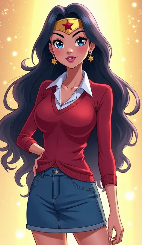 ( Close up ) , ( Close up from top of head to bottom of thigh ) ( ( Diana Prince from DC Super Hero Girls 2019 ) ) , Diana is a slender , beautiful and tall and tan - skinned young Amazonian demigod with an athletic and fit hourglass figure , thick black e...